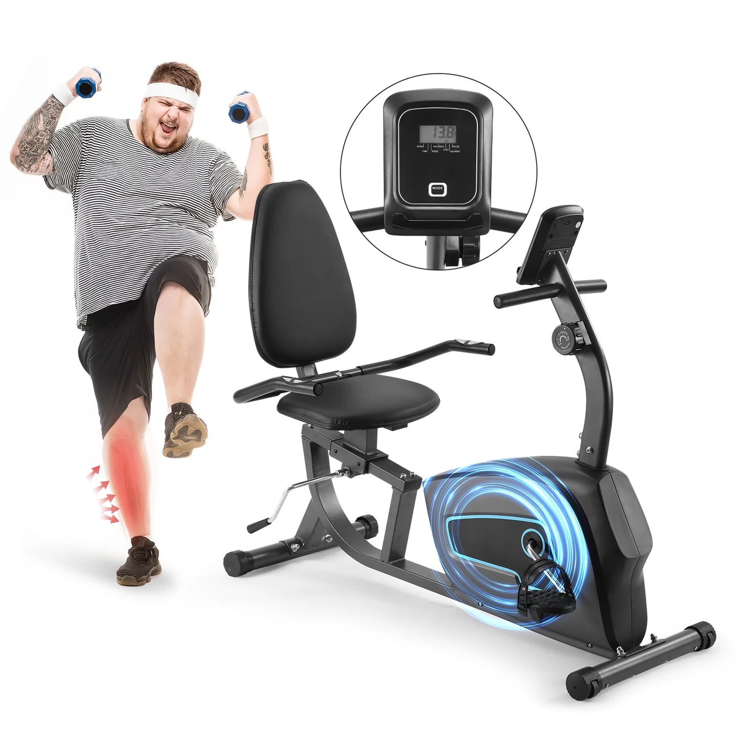 Indoor recumbent exercise bike by Fitness Essentials with adjustable seat and 8 resistance levels for comfortable cardio workouts.