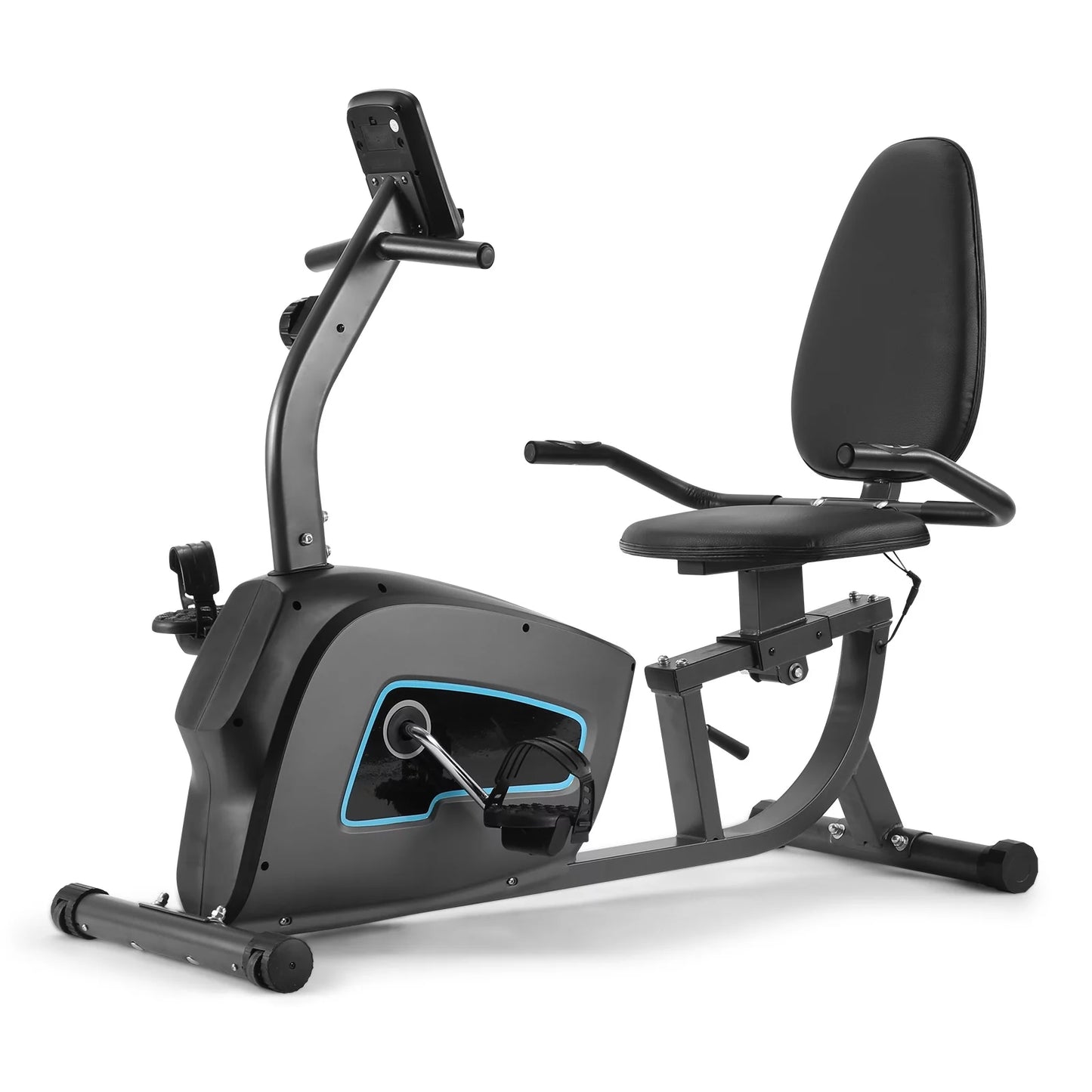 Fitness Essentials indoor recumbent exercise bike with adjustable seat, 8 resistance levels, and seat height adjustment for comfortable workouts.