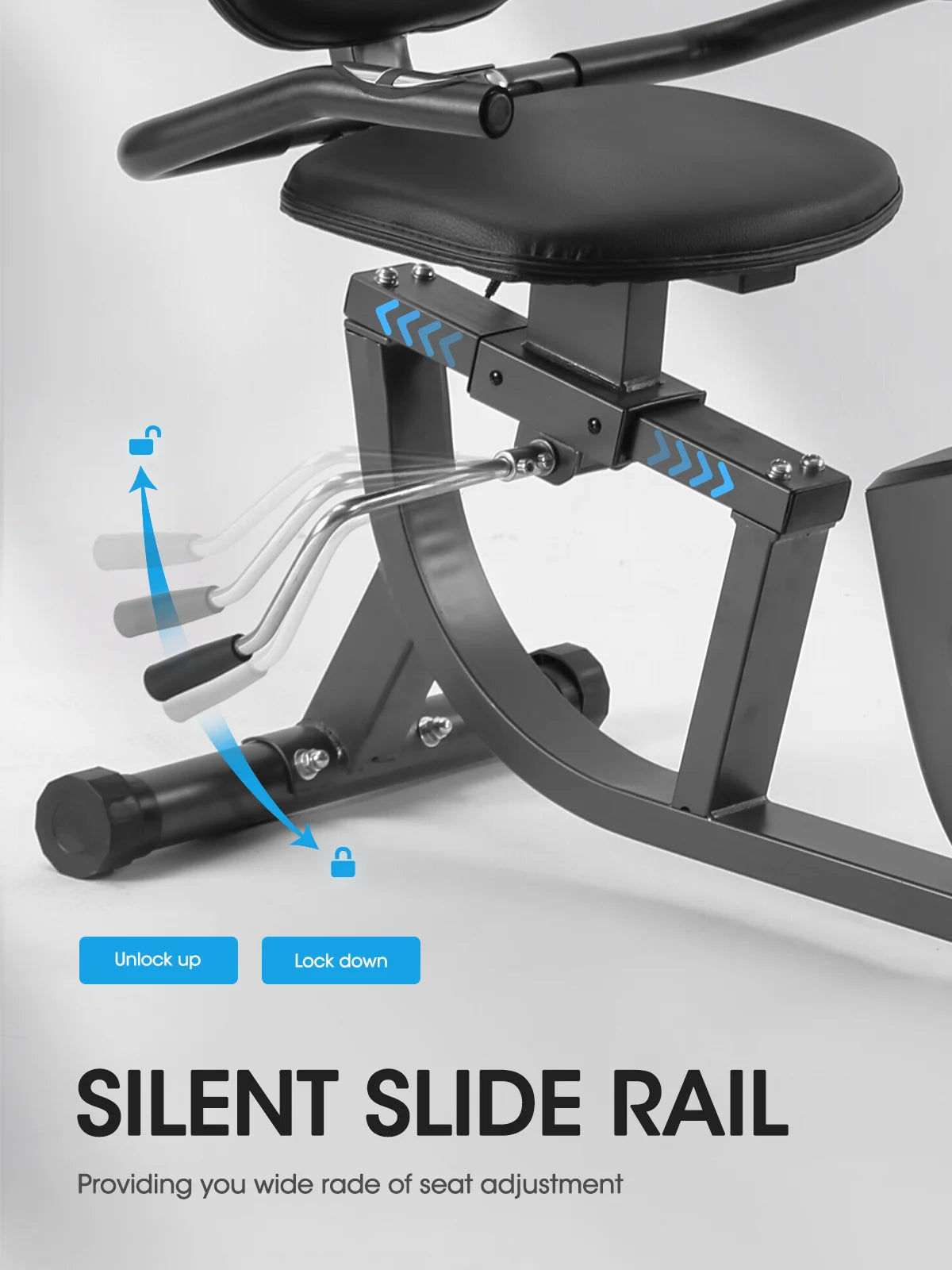 Indoor recumbent exercise bike by Fitness Essentials with adjustable seat, 8 resistance levels, and seat height adjustment.
