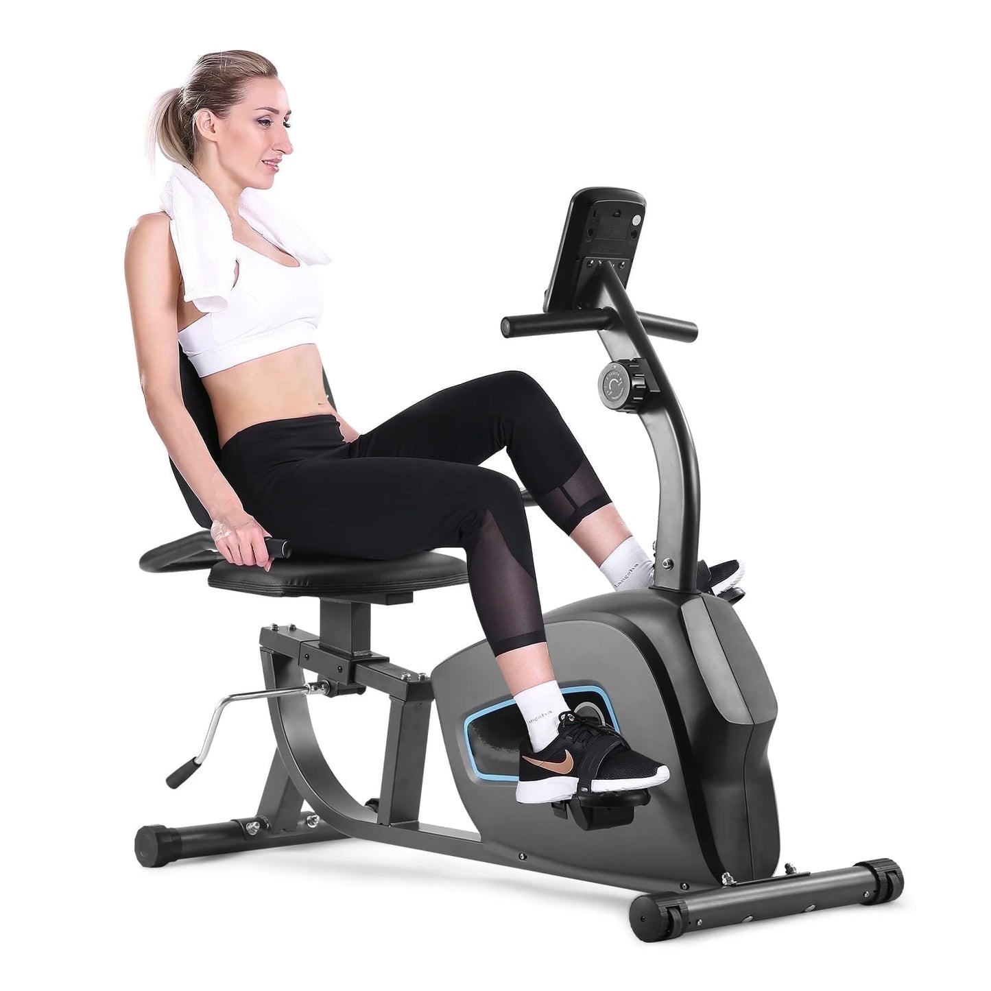 Indoor recumbent exercise bike by Fitness Essentials with adjustable seat, 8 resistance levels, and seat height adjustment.
