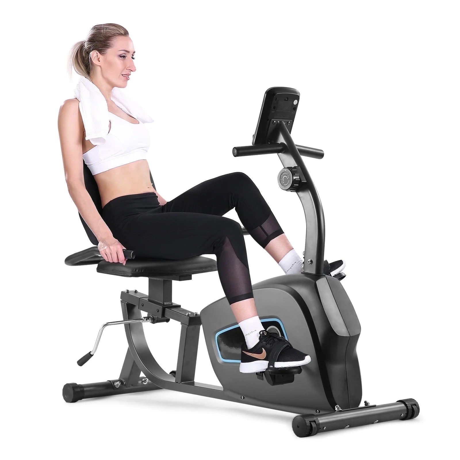 Indoor recumbent exercise bike by Fitness Essentials with adjustable seat, 8 resistance levels, and seat height adjustment.