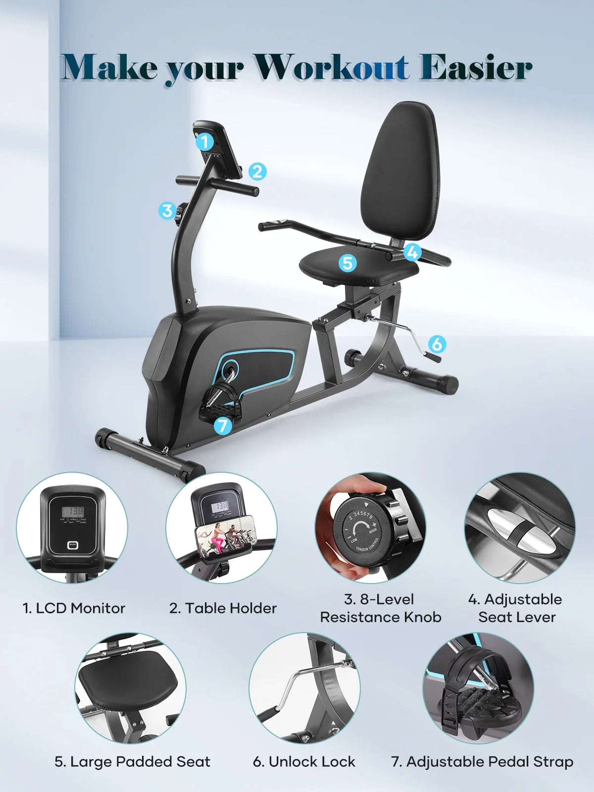 Indoor recumbent exercise bike by Fitness Essentials with adjustable seat, 8 resistance levels, and seat height adjustment.