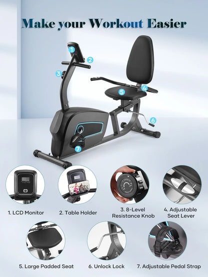 Indoor recumbent exercise bike by Fitness Essentials with adjustable seat, 8 resistance levels, and seat height adjustment.