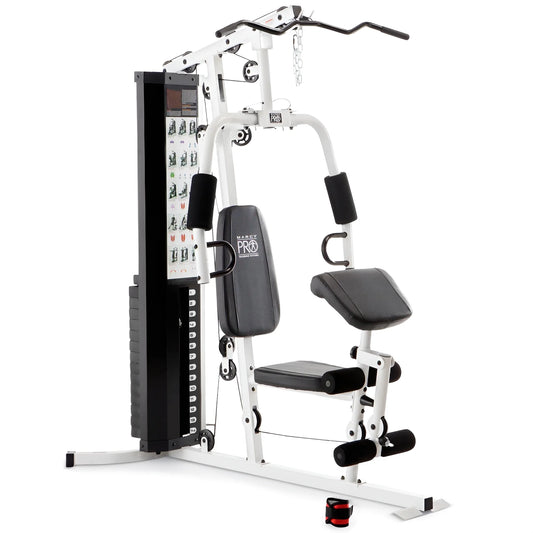 Fitness Essentials home gym workout station with weights for full-body training and strength exercises.