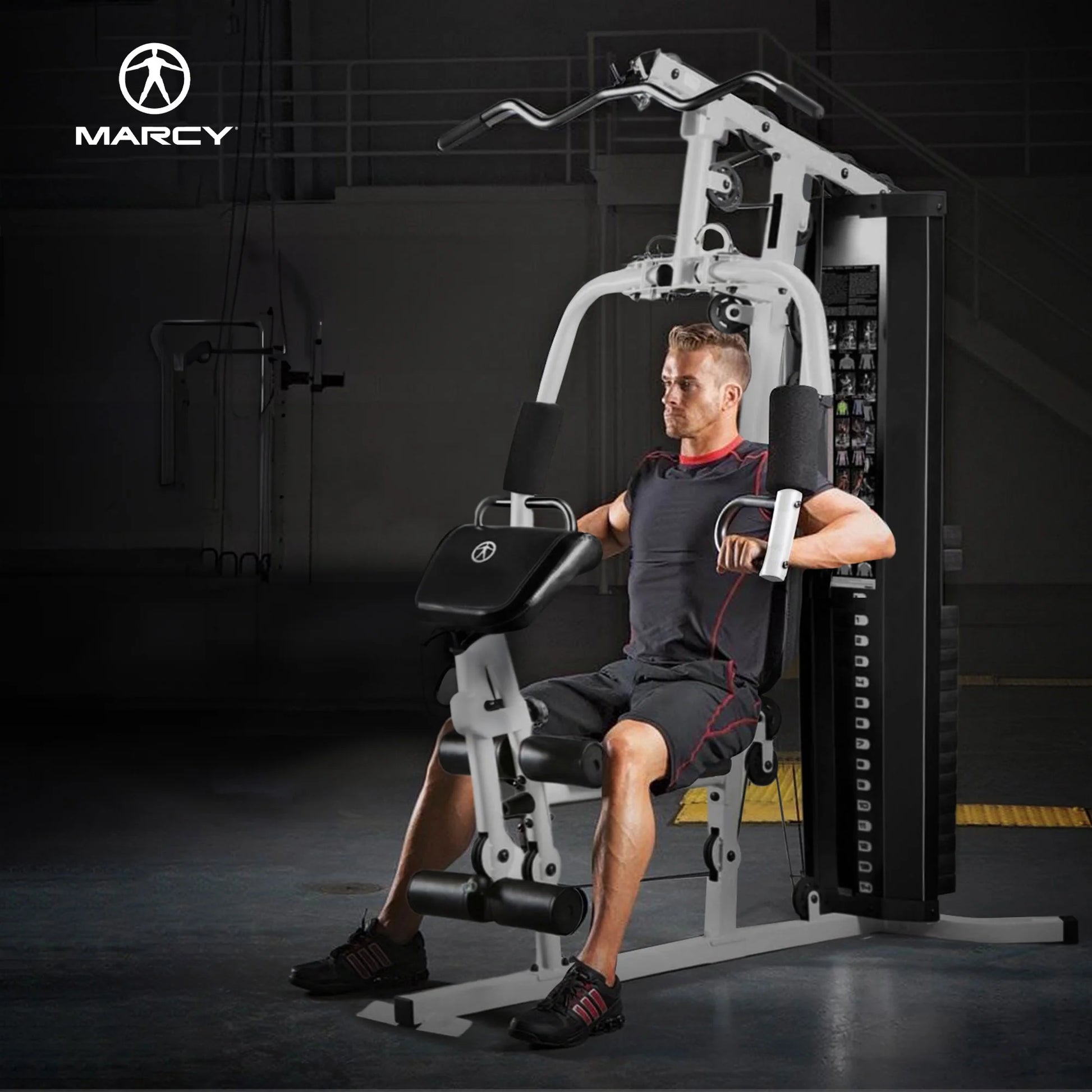 Home gym workout station with weights from Fitness Essentials, full-body training system for strength and fitness exercises.