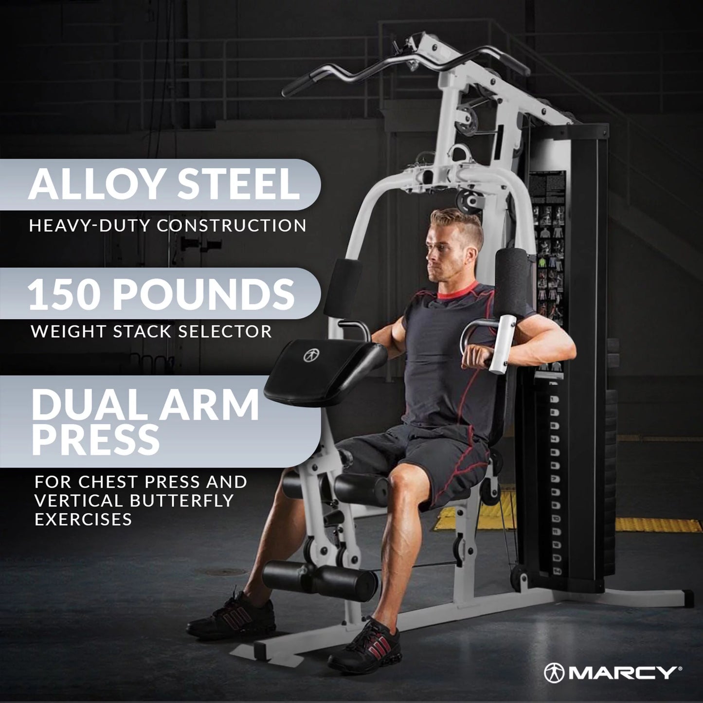 Home gym workout station with weights by Fitness Essentials, offering a full-body training system with various exercise equipment.