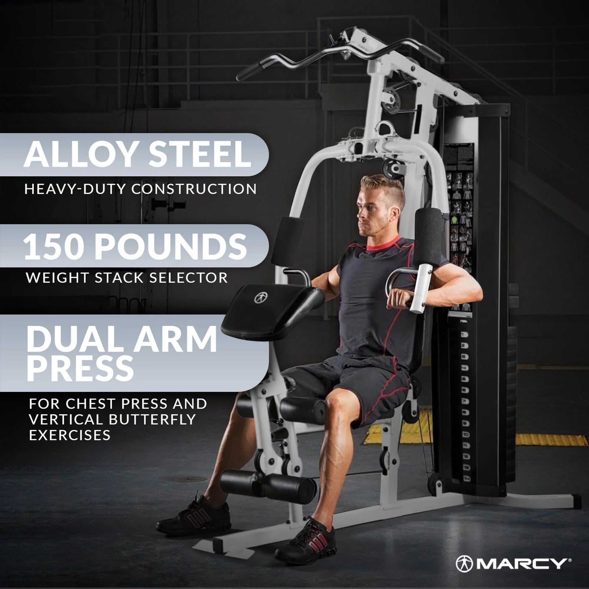 Home gym workout station with weights by Fitness Essentials, offering a full-body training system with various exercise equipment.