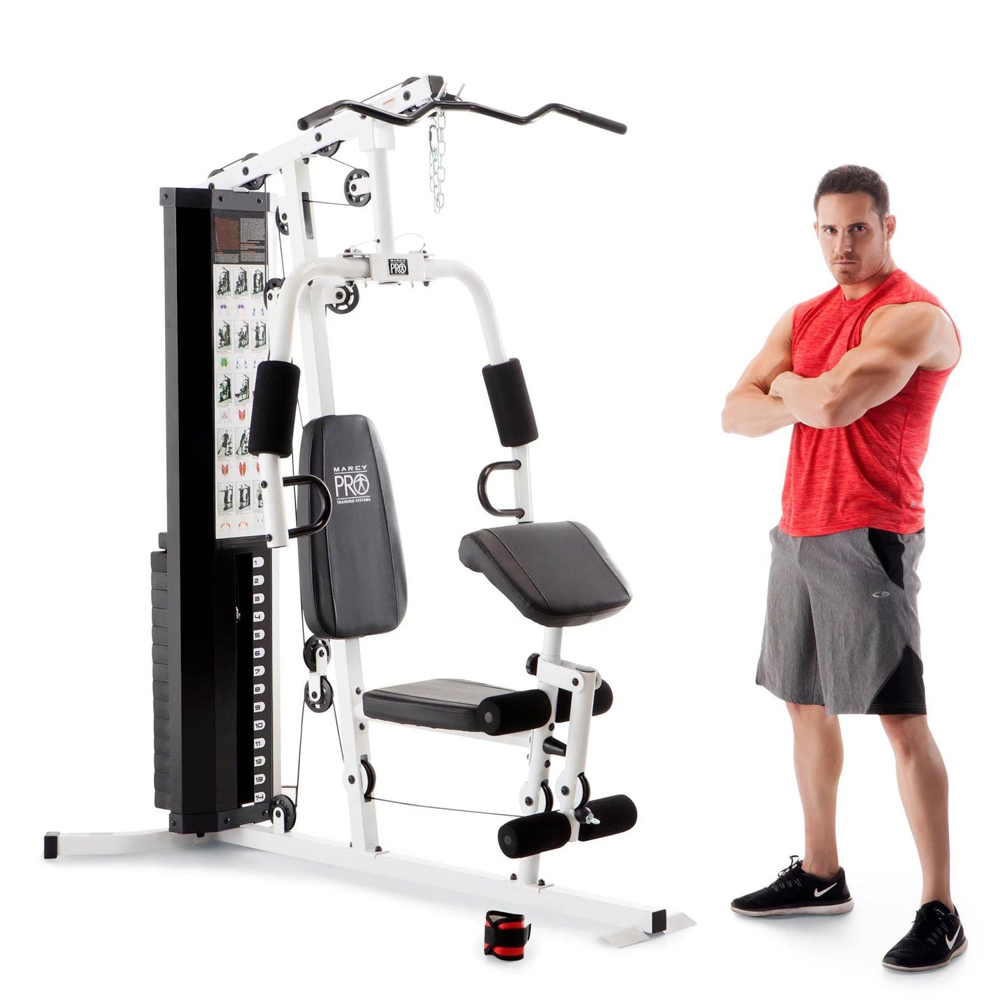 Fitness Essentials home gym workout station with weights for full-body training, including various exercise stations and equipment.
