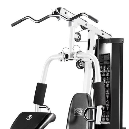 Fitness Essentials home gym workout station with weights for full-body training, including various exercise equipment and stations
