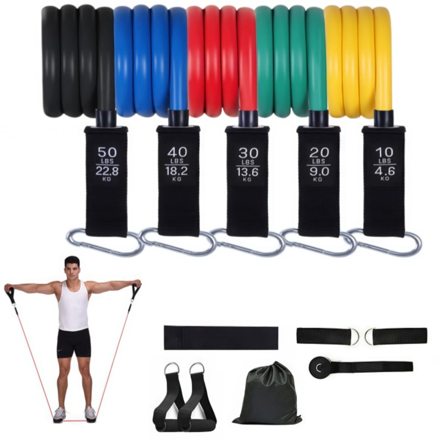 Fitness Essentials resistance bands set with handles for stretching, strength training, and home fitness exercises.