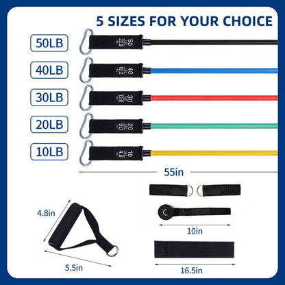 Fitness Essentials professional resistance bands set with handles for stretching, strength training, and home fitness exercises.