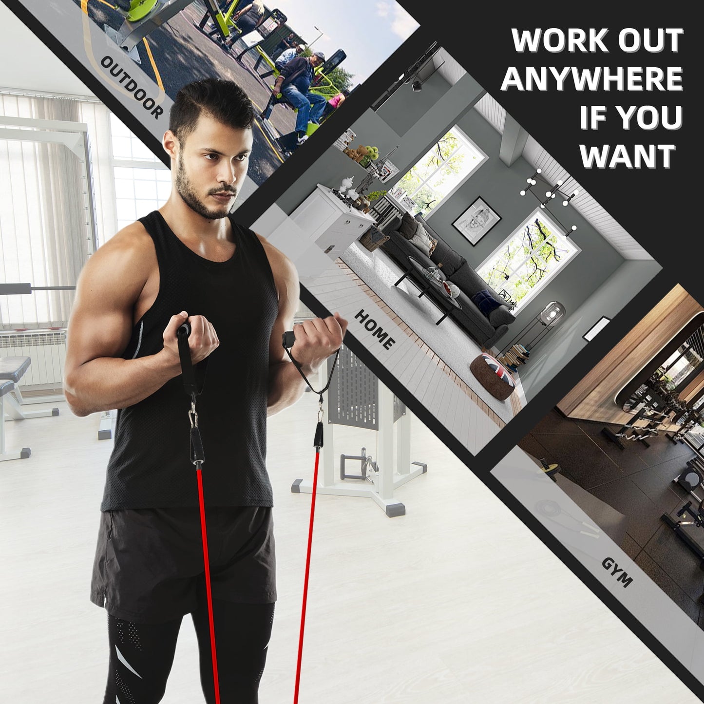 Fitness Essentials resistance bands set with handles for stretching, strength training, and home fitness exercises.