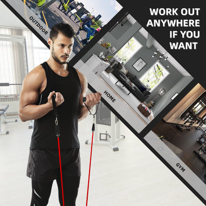 Fitness Essentials resistance bands set with handles for stretching, strength training, and home fitness exercises.