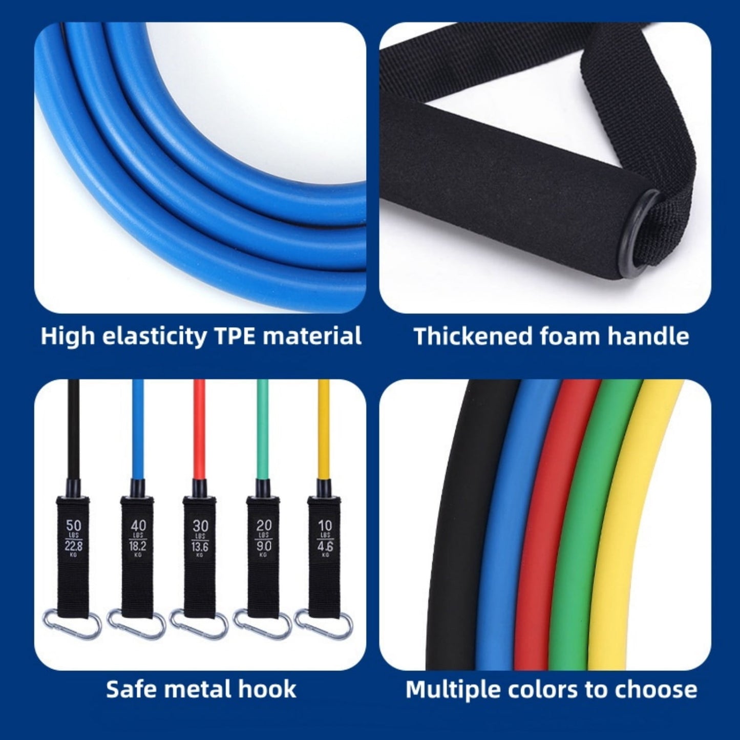 Fitness Essentials professional resistance bands set with handles for stretching, strength training, and home fitness exercises.