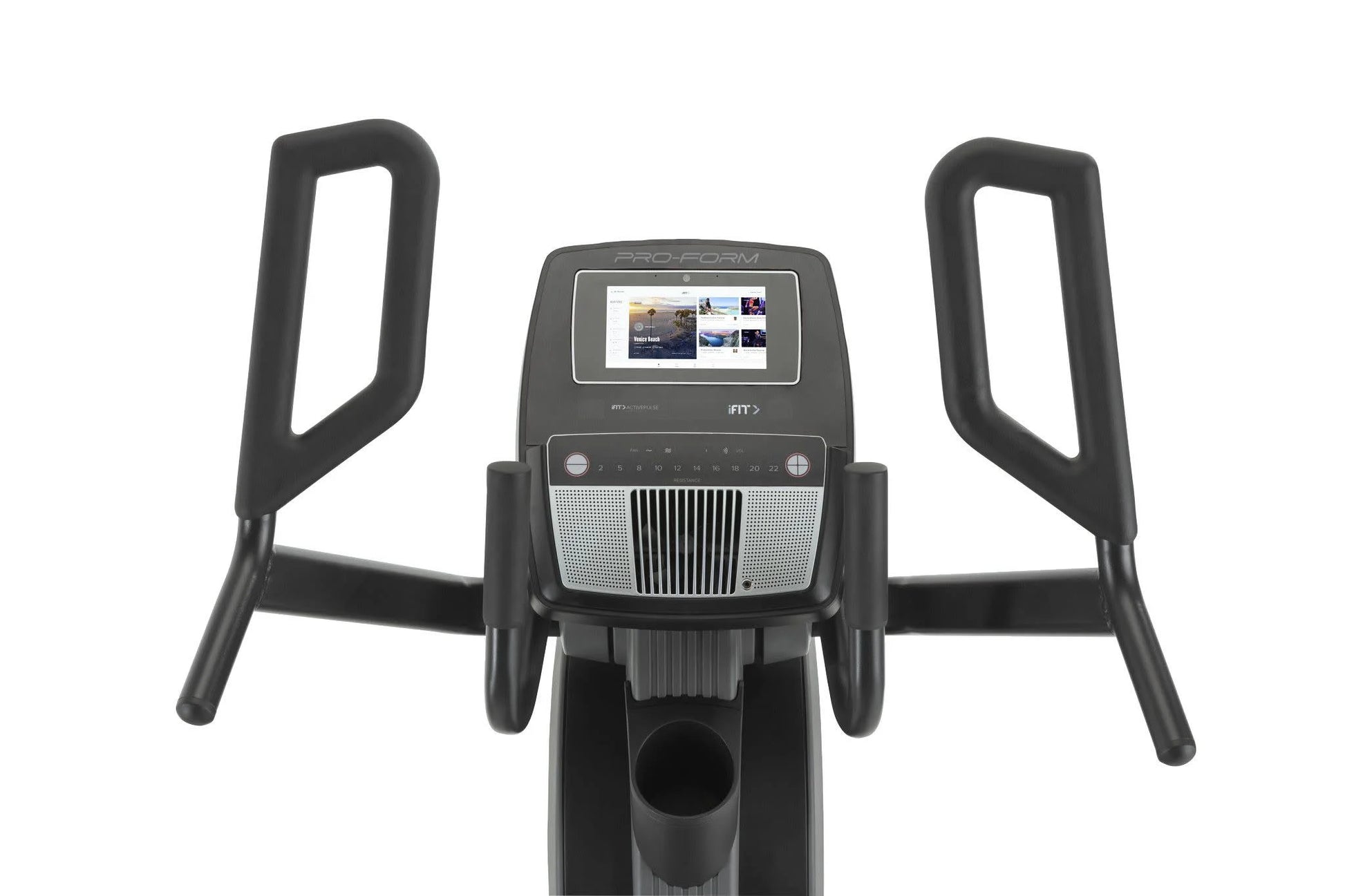 Fitness Essentials Trainer H7 elliptical with 7-inch touchscreen display and built-in fan for customized workouts.