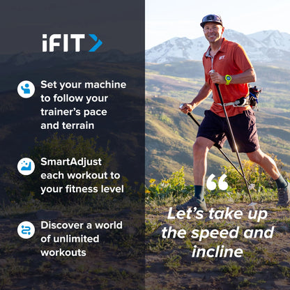Fitness Essentials Trainer H7 iFit-enabled elliptical with 7-inch touchscreen and built-in fan, shown in a modern gym setting.