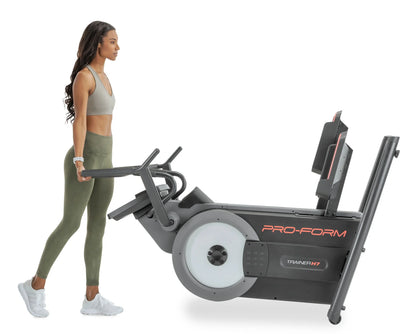 Fitness Essentials Trainer H7 elliptical with 7-inch touchscreen display and built-in fan for a full-body workout.