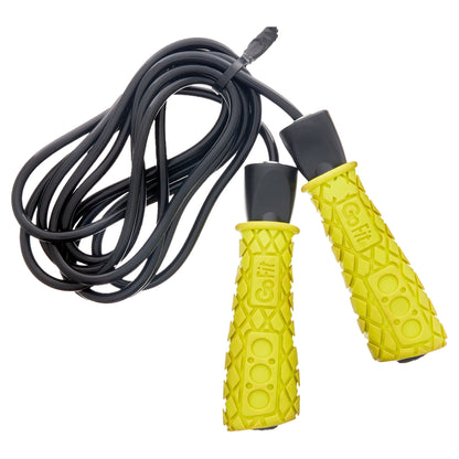 Fitness Essentials Pro Speed Jump Rope with adjustable 9ft PVC rope and padded foam grips for cardio and endurance training.