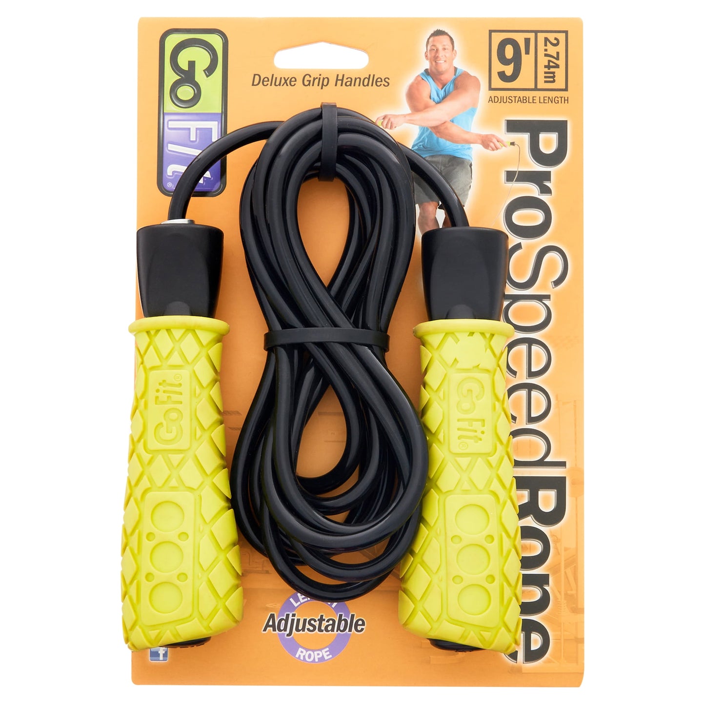 Fitness Essentials Pro Speed Jump Rope with 9ft adjustable PVC rope and padded foam grips for cardio and endurance training.