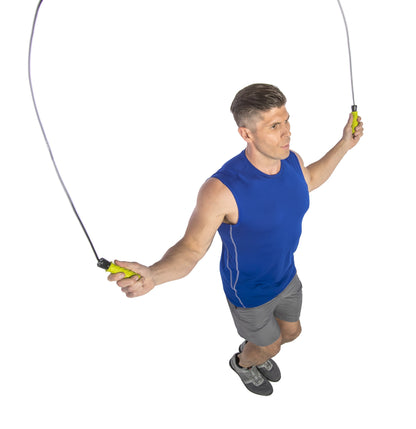 Fitness Essentials Pro Speed Jump Rope with 9ft adjustable PVC rope and padded foam grips for cardio and endurance training.
