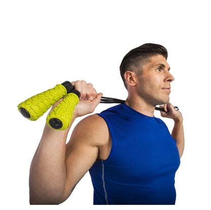Fitness Essentials Pro Speed Jump Rope with 9ft adjustable PVC rope and padded foam grips for cardio and endurance training.