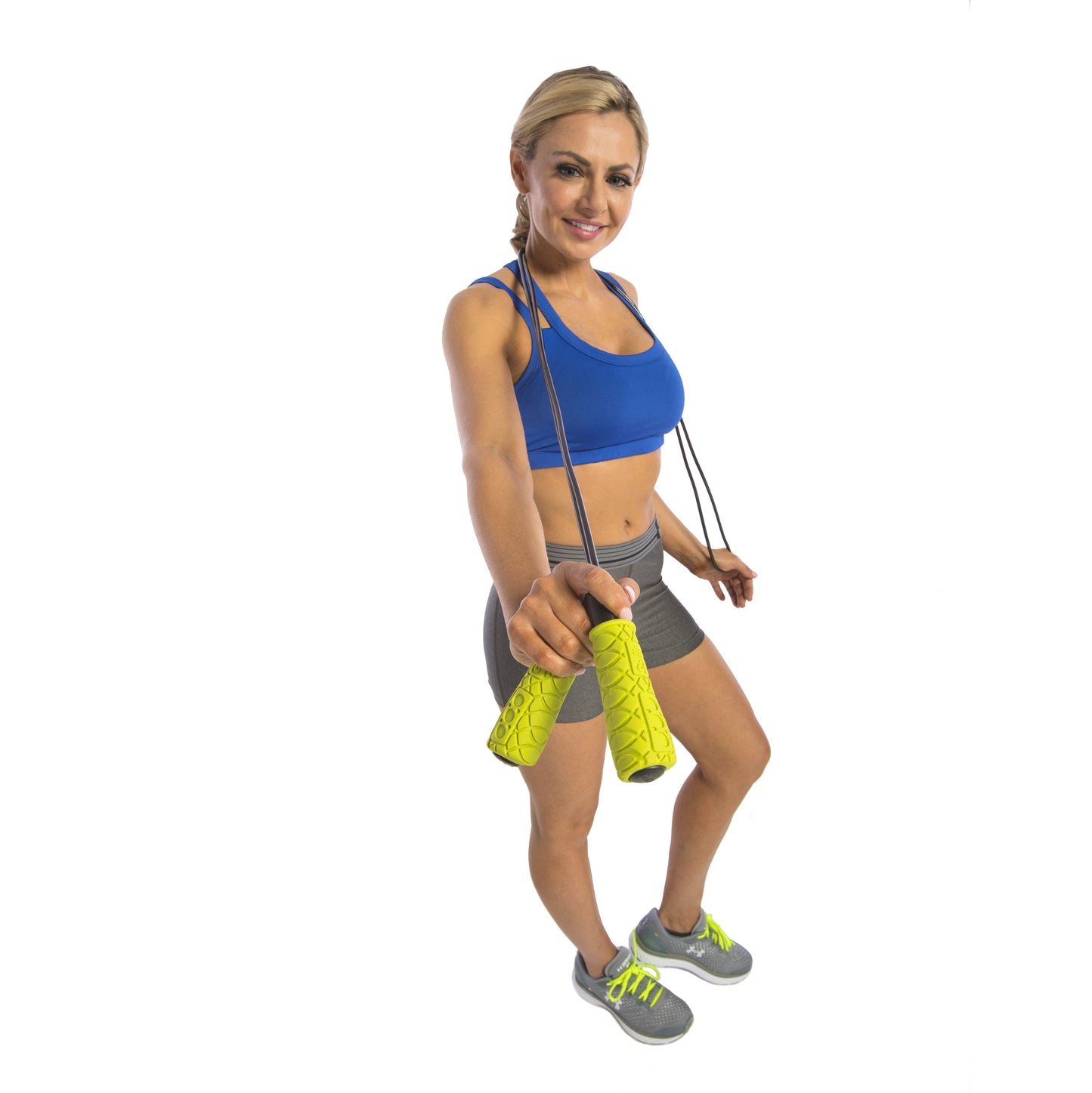 Fitness Essentials Pro Speed Jump Rope with 9ft adjustable PVC rope and padded foam grips for cardio and endurance training.