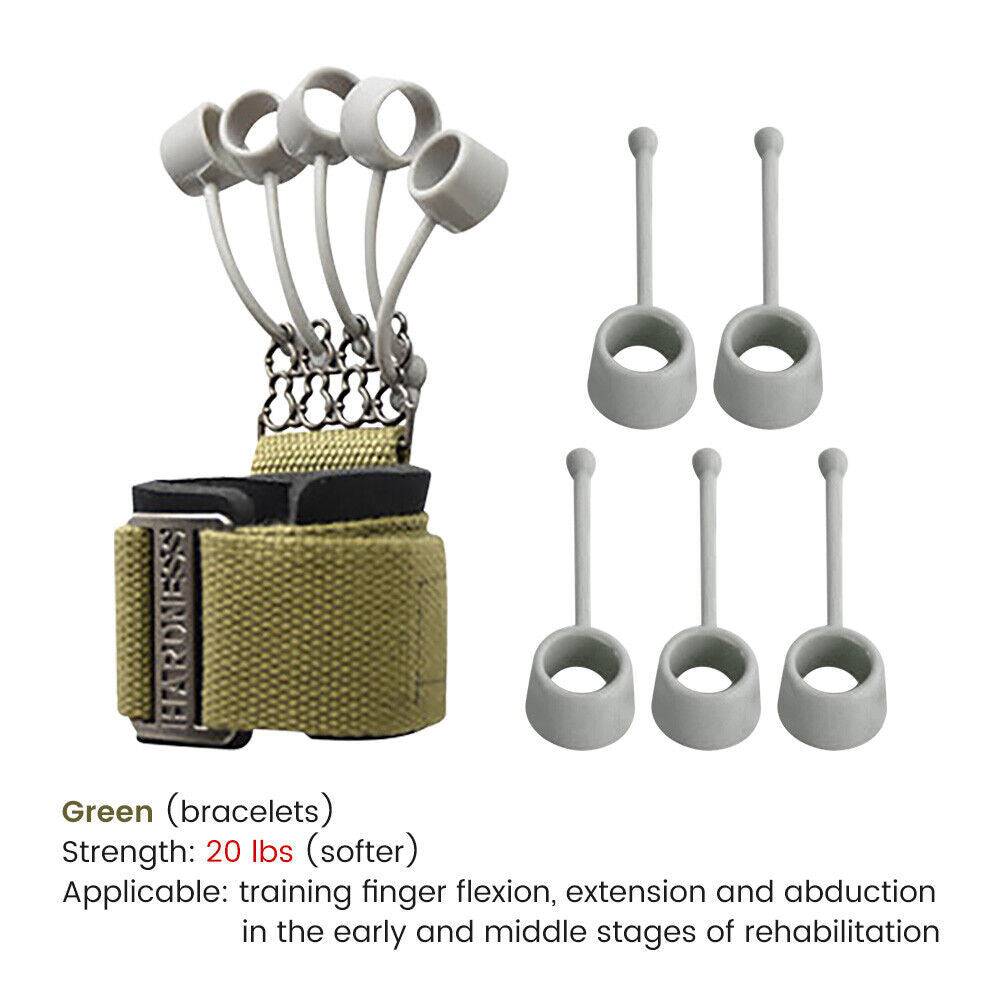 Green hand resistance bands finger stretcher and grip strengthener from Fitness Essentials, 20lbs extensor exerciser for finger and hand training.