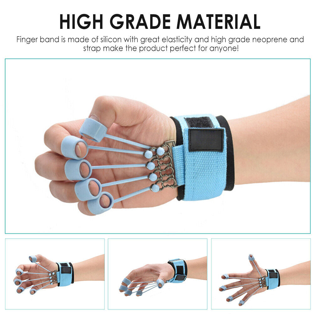 Green hand resistance bands finger stretcher exerciser for grip strength, from Fitness Essentials, 20lbs extensors for finger and hand training.
