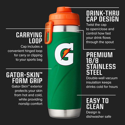 Green insulated 32oz stainless steel sport bottle by Fitness Essentials, designed to keep drinks cold and stylish during workouts.