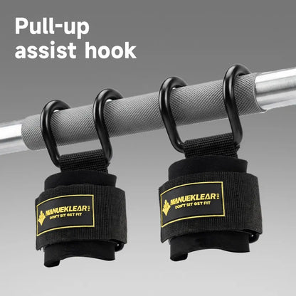 Fitness Essentials Manueklear weight lifting hooks with padded wrist wraps, heavy-duty metal hooks, and adjustable straps for training.