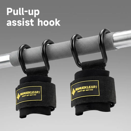 Fitness Essentials Manueklear weight lifting hooks with padded wrist wraps, heavy-duty metal hooks, and adjustable straps for training.