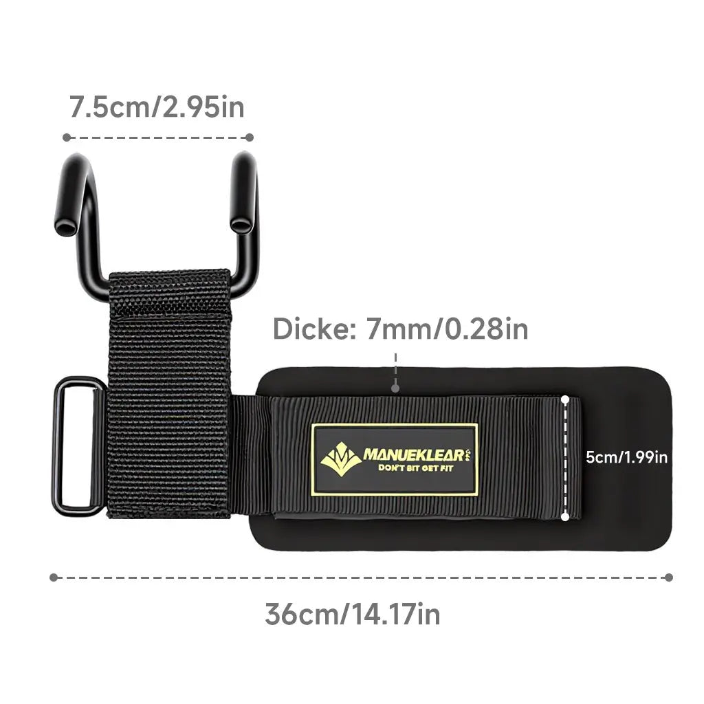 Fitness Essentials Manueklear weight lifting hooks with padded wrist wraps and heavy-duty double metal hooks for strength training.