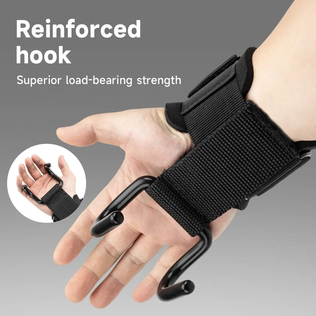 Fitness Essentials Manueklear weight lifting hooks with padded wrist wraps, heavy-duty double metal hooks, adjustable straps for training.