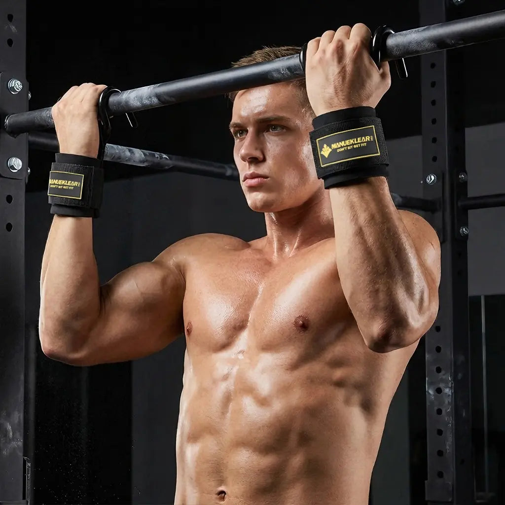Fitness Essentials Manueklear weight lifting hooks with padded wrist wraps, heavy-duty double metal hooks, adjustable straps for training.