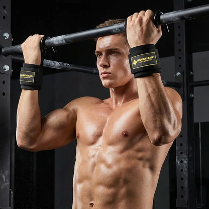 Fitness Essentials Manueklear weight lifting hooks with padded wrist wraps, heavy-duty double metal hooks, adjustable straps for training.