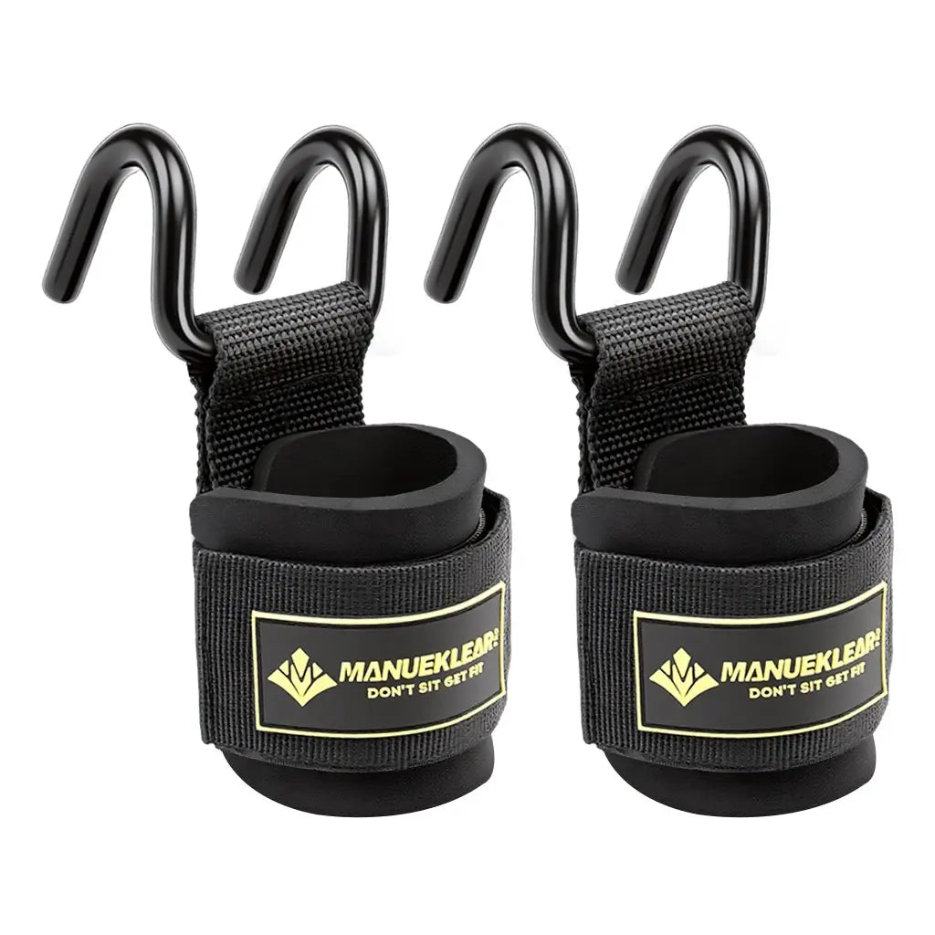 Fitness Essentials Manueklear weight lifting hooks with padded wrist wraps, heavy-duty double metal hooks, adjustable straps for training.
