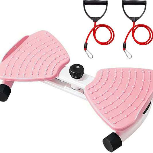 Pink 2-in-1 waist twister and leg step trainer with resistance bands for full-body, low-impact workout at home by Fitness Essentials.