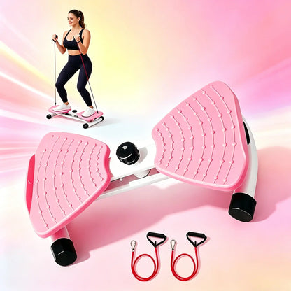 Pink 2-in-1 Waist Twister and Leg Step Trainer with resistance bands, compact and portable for full-body toning at home.