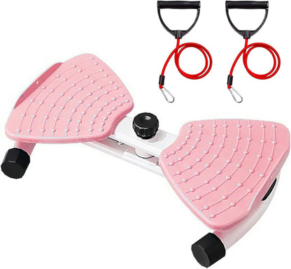 Pink 2-in-1 waist twister and leg step trainer with resistance bands from Fitness Essentials for full-body toning at home.