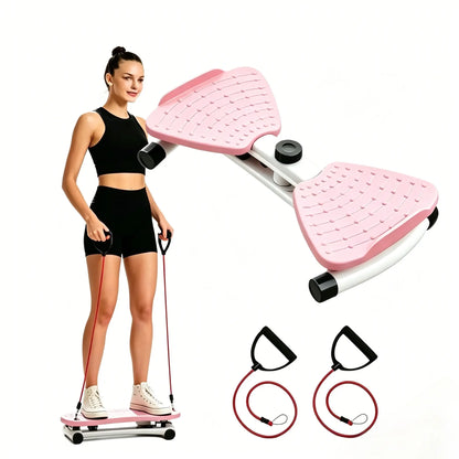 Pink 2-in-1 Waist Twister and Leg Step Trainer with resistance bands for full-body, low-impact workout at home by Fitness Essentials.