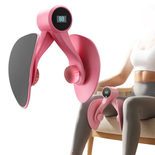 Pink inner thigh toner and leg exerciser by Fitness Essentials, compact home workout equipment with counter and thigh stretch trainer.