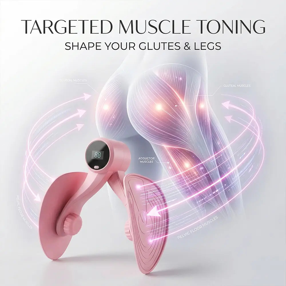 Pink inner thigh toner and leg exerciser from Fitness Essentials with counter, thigh stretch, glute trainer, compact portable design