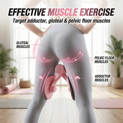 Pink inner thigh toner and leg exerciser by Fitness Essentials with counter, thigh stretch, and glute training for men and women.