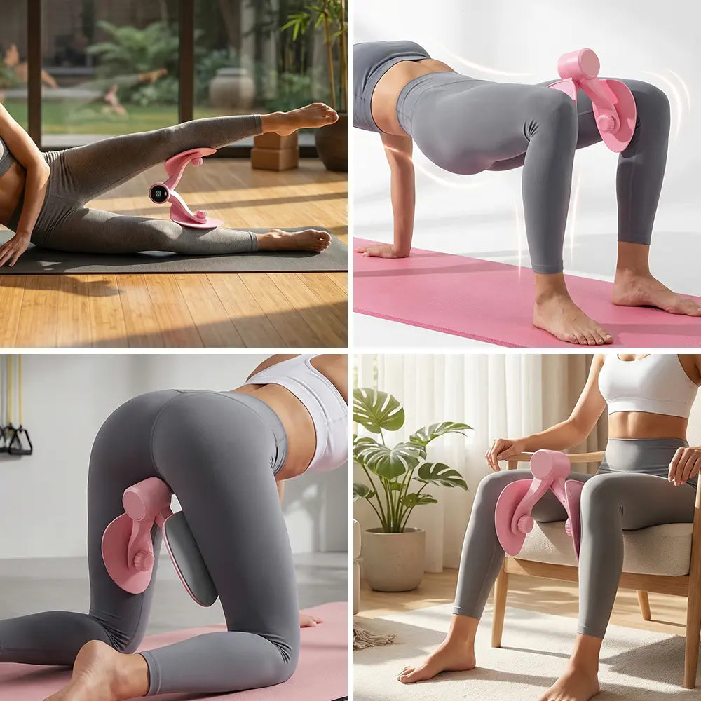 Pink inner thigh toner and leg exerciser with counter, glute trainer, portable compact home workout equipment for men and women.