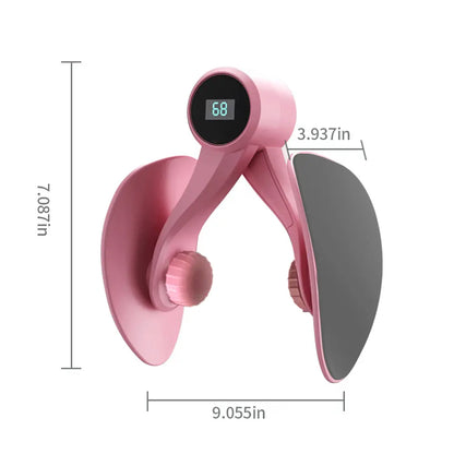 Pink inner thigh toner and leg exerciser with counter, thigh stretch trainer and glute trainer for men and women, portable home fitness equipment.