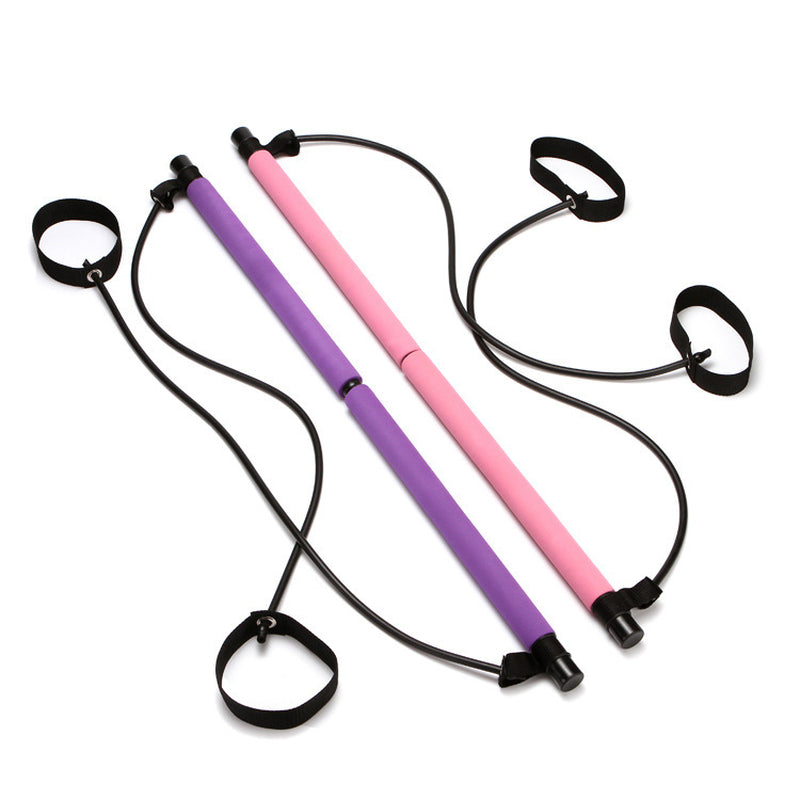 Purple Fitness Essentials Pilates Bar for yoga, slimming, and full-body workouts, including tension, abdomen, and chest exercises.