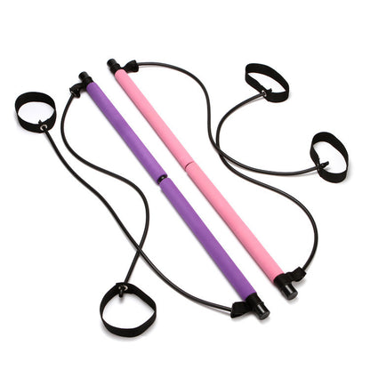 Purple Fitness Essentials Pilates Bar for yoga, slimming, and full-body workouts, including tension, abdomen, and chest exercises.