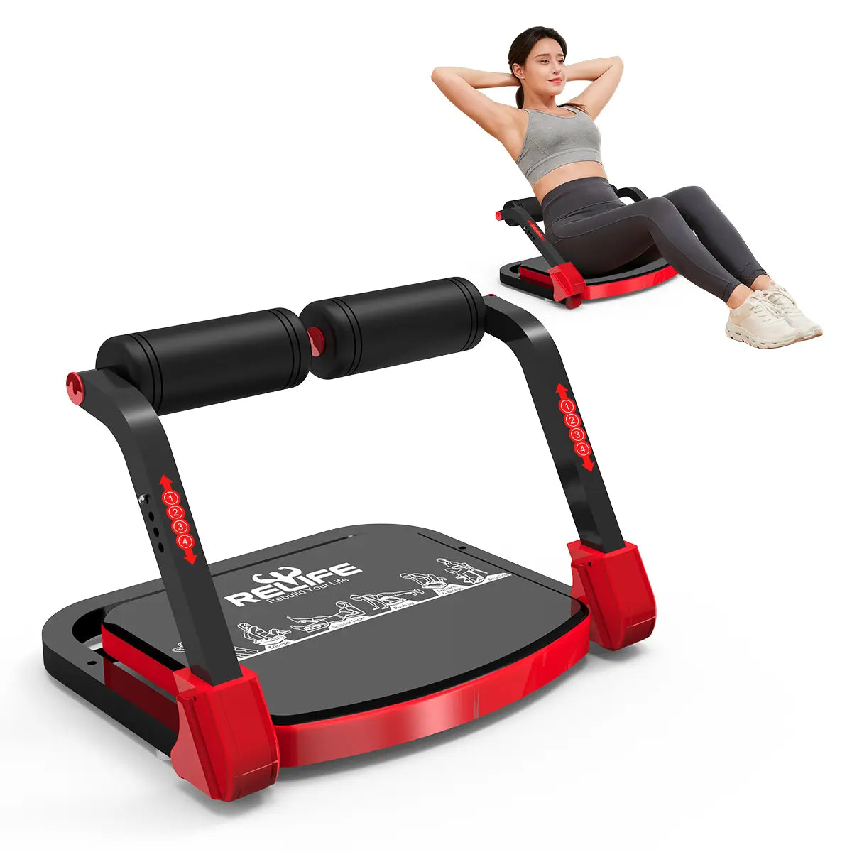 Red RELIFE REBUILD YOUR LIFE sit-up machine by Fitness Essentials for core workouts, abdominal crunches, and roll-ups at home.