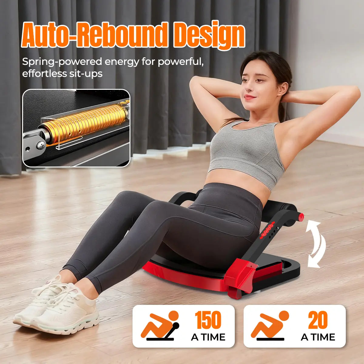 Red RELIFE REBUILD YOUR LIFE sit-up machine by Fitness Essentials for core workouts and abdominal crunches at home.