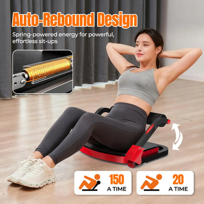 Red RELIFE REBUILD YOUR LIFE sit-up machine by Fitness Essentials for core workouts and abdominal crunches at home.